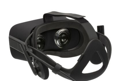 A VR headset viewed from behind, used to explore virtual game worlds