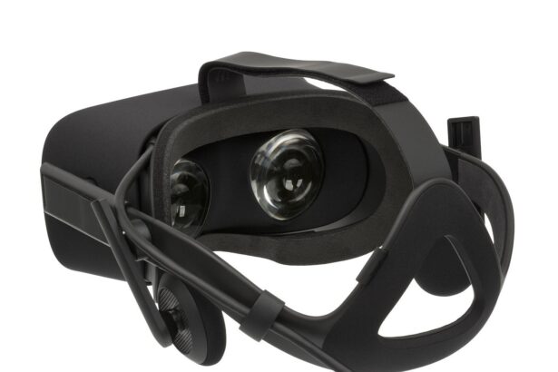 A VR headset viewed from behind, used to explore virtual game worlds