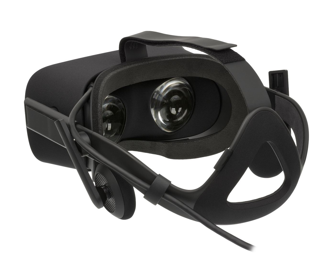 A VR headset viewed from behind, used to explore virtual game worlds